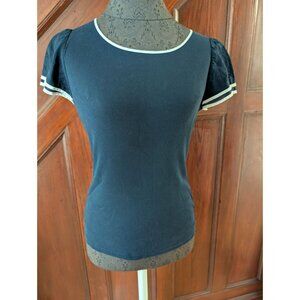 Lauren Ralph Lauren Navy Puff Sleeve Ribbed Knit Top Size M